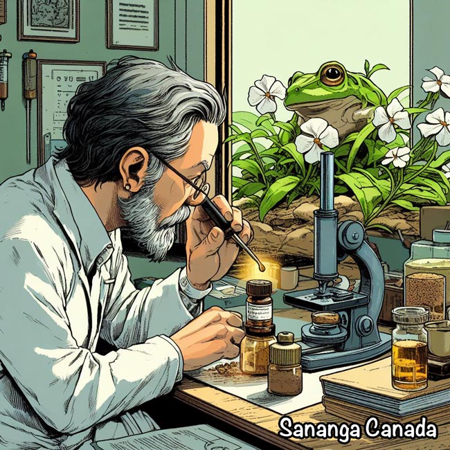Sananga Canada Scientist in lab inspected eyedrops and phyllomedusa bicolor Kambô frog